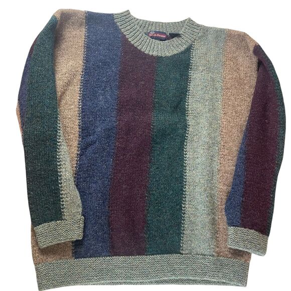 VTG Shetland Sweater Mens L Striped ColorBlock 100% Wool Hong Kong Holiday Gift - Picture 8 of 10